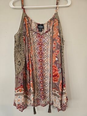 ANGIE Taupe Floral Crochet-Trim Swing Tank Top BOHO HIPPY SIZE M WOMEN'S